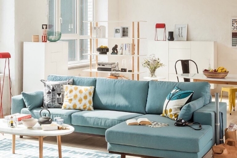 Sofa góc phòng khách chất liệu nỉ xanh SG002
